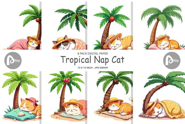 Digital Paper Tropical Nap Cat Digital Pattern artnoy 