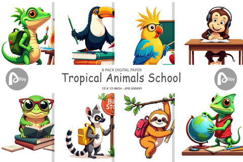 Digital Paper Tropical School Animals Digital Pattern artnoy 