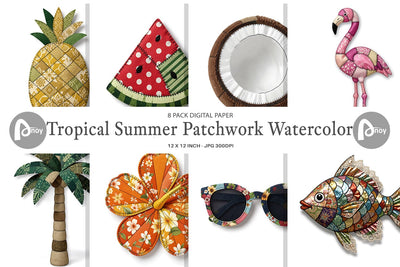 Digital Paper Tropical Summer Patchwork Watercolor Sublimation artnoy 