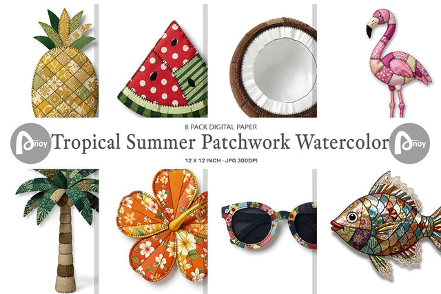 Digital Paper Tropical Summer Patchwork Watercolor Sublimation artnoy 