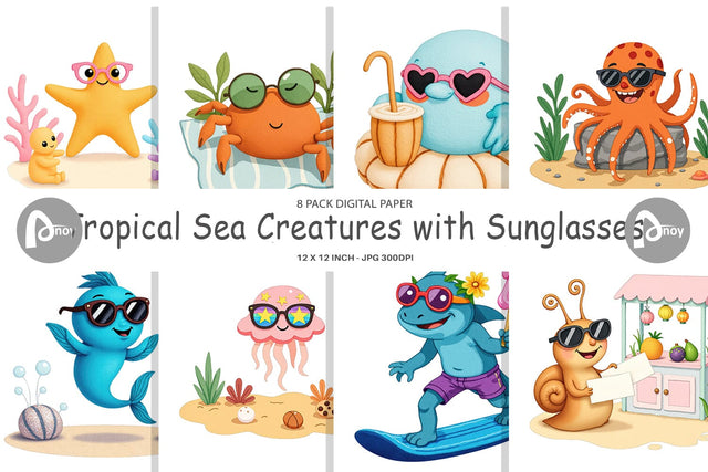 Digital Paper Tropical Sunglass Creatures Digital Pattern artnoy 