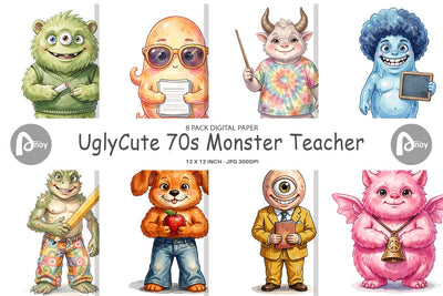 Digital Paper UglyCute 70s Monster Teacher Digital Pattern artnoy 