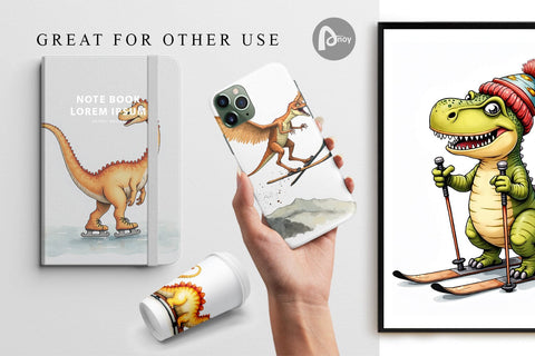 Digital Paper UglyCute Dinosaur Winter Sports Watercolor Art Digital Pattern artnoy 