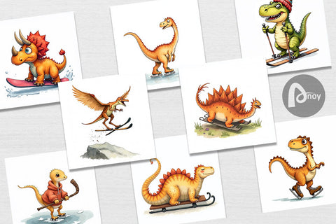 Digital Paper UglyCute Dinosaur Winter Sports Watercolor Art Digital Pattern artnoy 