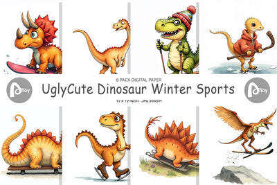 Digital Paper UglyCute Dinosaur Winter Sports Watercolor Art Digital Pattern artnoy 