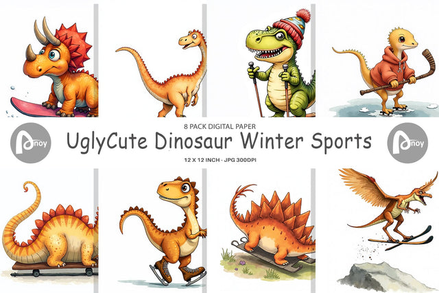 Digital Paper UglyCute Dinosaur Winter Sports Watercolor Art Digital Pattern artnoy 
