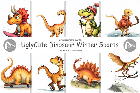 Digital Paper UglyCute Dinosaur Winter Sports Watercolor Art Digital Pattern artnoy 