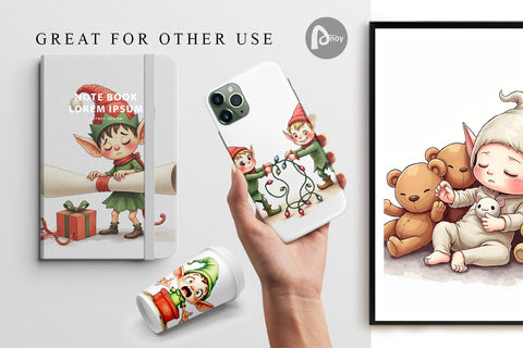 Digital Paper UglyCute Elf Workshop Antics Watercolor Digital Pattern artnoy 