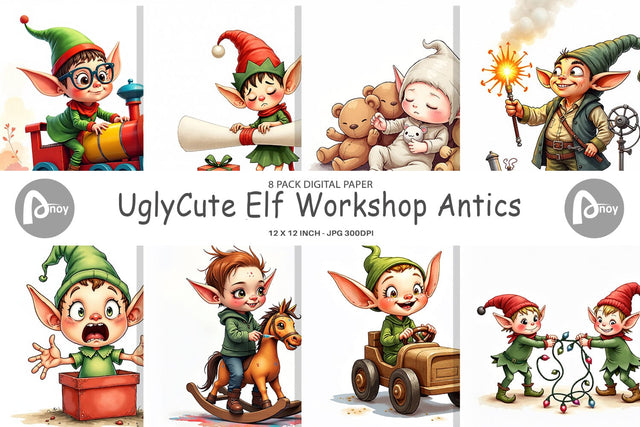 Digital Paper UglyCute Elf Workshop Antics Watercolor Digital Pattern artnoy 