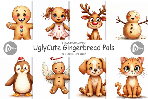 Digital Paper UglyCute Gingerbread Pals Watercolor Digital Pattern artnoy 