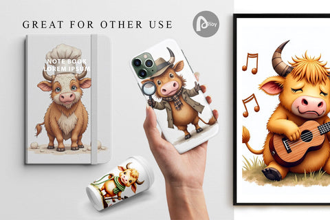 Digital Paper UglyCute Highland Cow Occupations Quirky Jobs & Hobbies Digital Pattern artnoy 