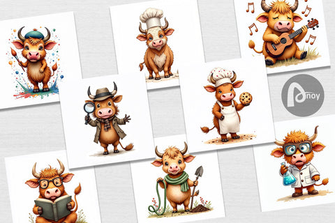 Digital Paper UglyCute Highland Cow Occupations Quirky Jobs & Hobbies Digital Pattern artnoy 