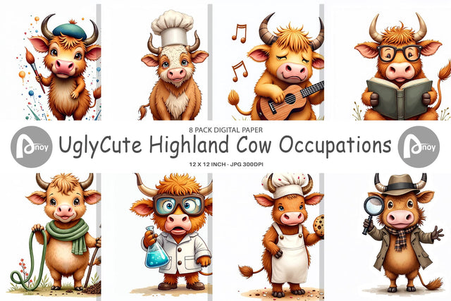 Digital Paper UglyCute Highland Cow Occupations Quirky Jobs & Hobbies Digital Pattern artnoy 
