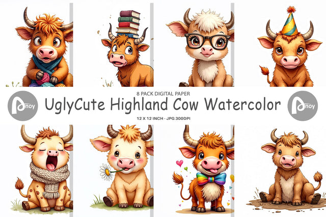 Digital Paper UglyCute Highland Cow Watercolor Quirky Farm Friends Digital Pattern artnoy 