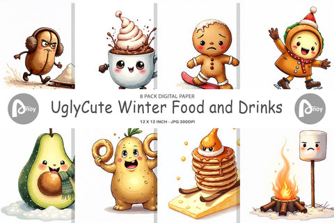 Digital Paper UglyCute Winter Food & Drinks Digital Pattern artnoy 