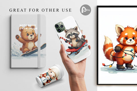 Digital Paper UglyCute Winter Sports Animals Watercolor Digital Pattern artnoy 