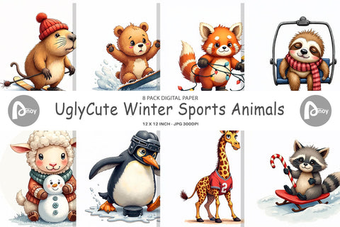 Digital Paper UglyCute Winter Sports Animals Watercolor Digital Pattern artnoy 