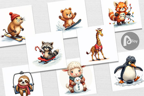 Digital Paper UglyCute Winter Sports Animals Watercolor Digital Pattern artnoy 