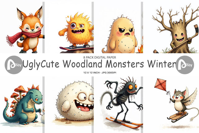 Digital Paper UglyCute Woodland Monsters Winter Sports Digital Pattern artnoy 