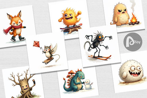 Digital Paper UglyCute Woodland Monsters Winter Sports Digital Pattern artnoy 