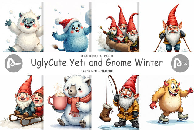 Digital Paper UglyCute Yeti & Gnome Winter Games Digital Pattern artnoy 