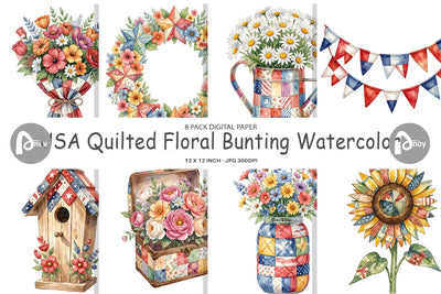 Digital Paper USA Quilted Floral Bunting Watercolor Digital Pattern artnoy 
