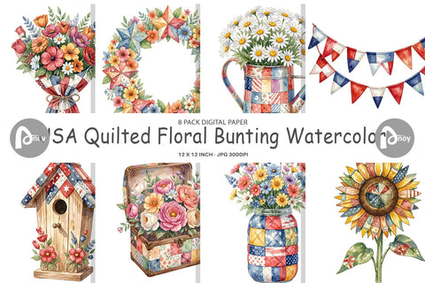 Digital Paper USA Quilted Floral Bunting Watercolor Digital Pattern artnoy 
