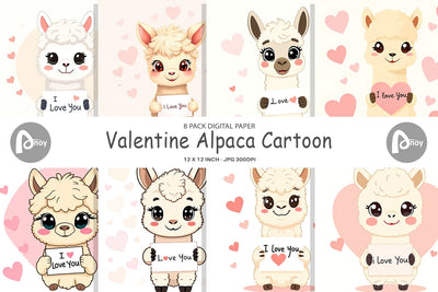 Digital paper Valentine Alpaca Cartoon Digital Pattern artnoy 
