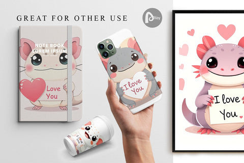 Digital paper Valentine Axolotl Cartoon Digital Pattern artnoy 