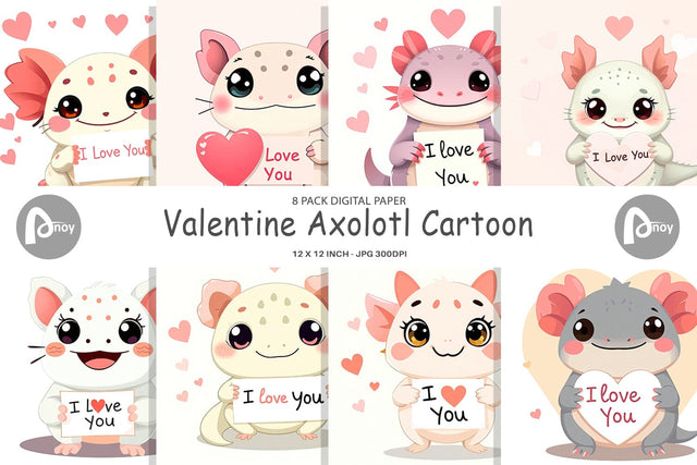 Digital paper Valentine Axolotl Cartoon Digital Pattern artnoy 
