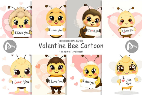 Digital paper Valentine Bee Cartoon Digital Pattern artnoy 