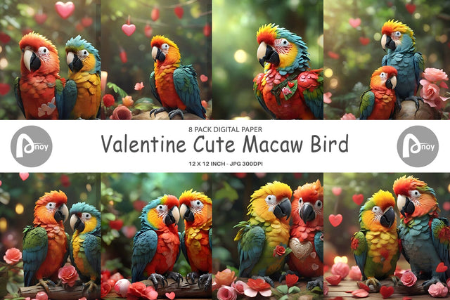 Digital Paper Valentine Cute Macaw Bird Digital Pattern artnoy 
