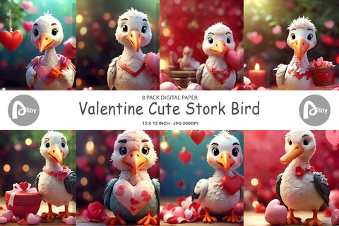 Digital Paper Valentine Cute Stork Bird Digital Pattern artnoy 