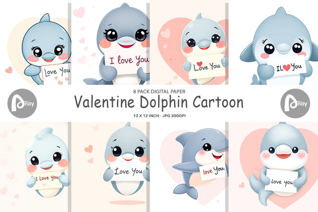 Digital paper Valentine Dolphin Cartoon Digital Pattern artnoy 
