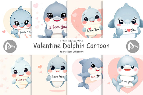 Digital paper Valentine Dolphin Cartoon Digital Pattern artnoy 