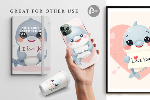 Digital paper Valentine Dolphin Cartoon Digital Pattern artnoy 