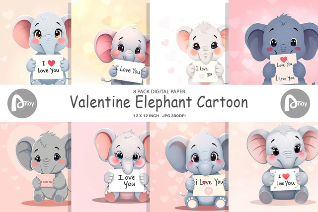 Digital paper Valentine Elephant Cartoon Digital Pattern artnoy 