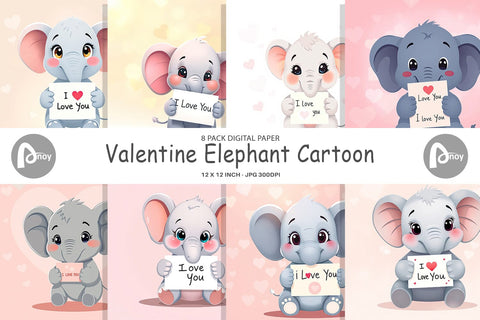 Digital paper Valentine Elephant Cartoon Digital Pattern artnoy 