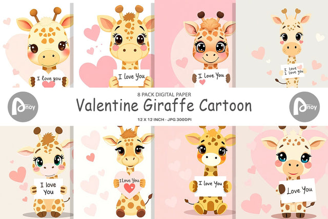 Digital paper Valentine Giraffe Cartoon Digital Pattern artnoy 
