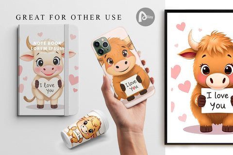 Digital paper Valentine Highland Cow Cartoon Digital Pattern artnoy 