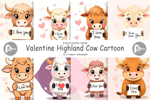 Digital paper Valentine Highland Cow Cartoon Digital Pattern artnoy 