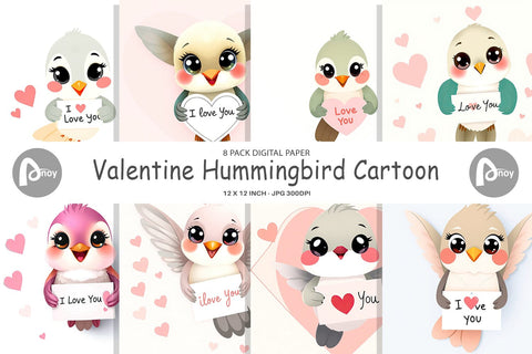 Digital paper Valentine Hummingbird Cartoon Digital Pattern artnoy 