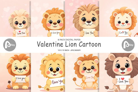 Digital paper Valentine Lion Cartoon Digital Pattern artnoy 