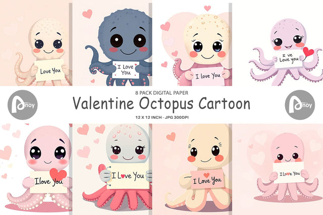 Digital paper Valentine Octopus Cartoon Digital Pattern artnoy 