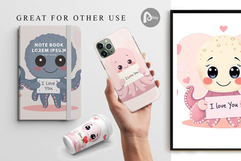 Digital paper Valentine Octopus Cartoon Digital Pattern artnoy 