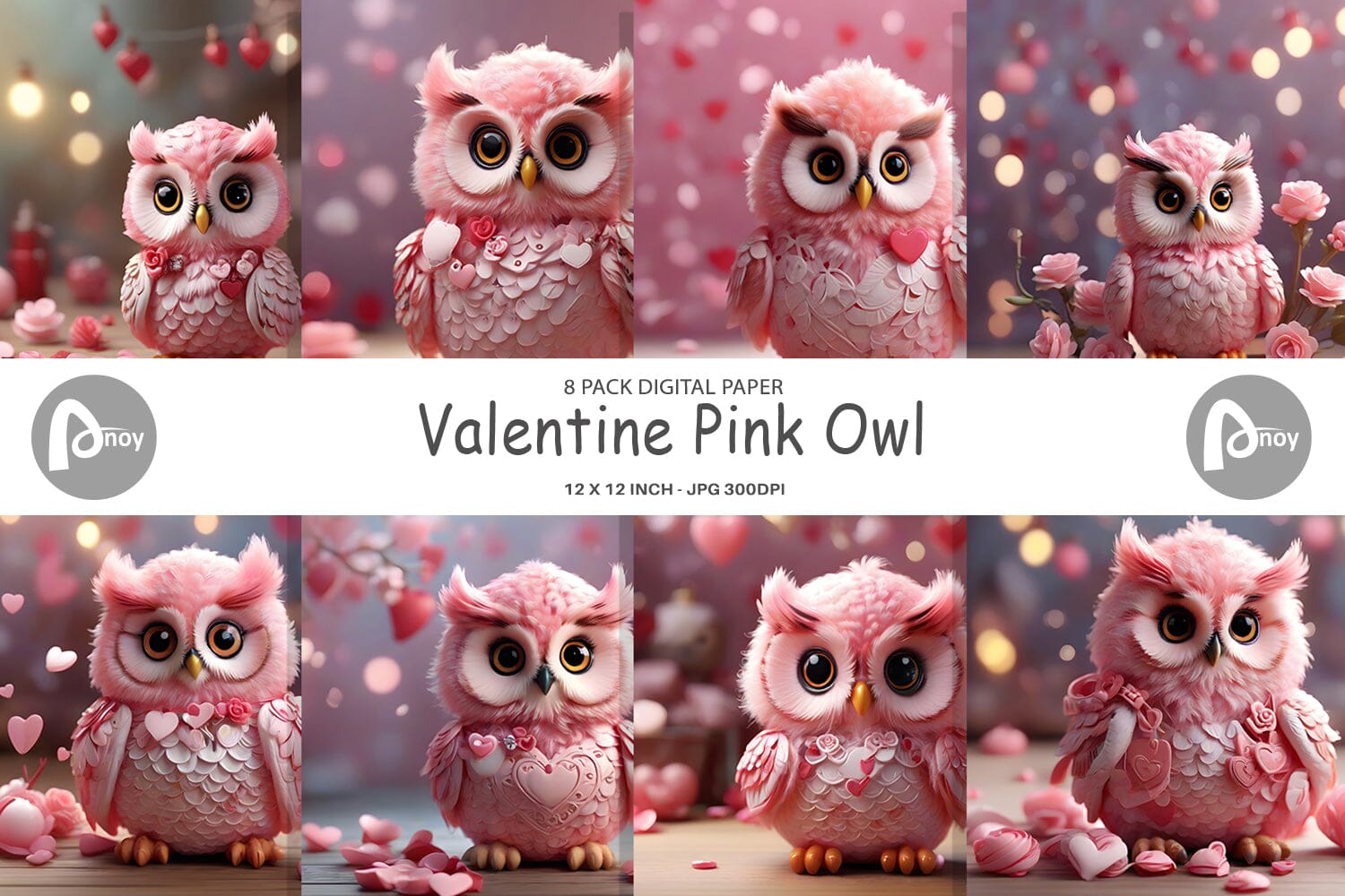 Valentine digital paper 12x12, owl digital scrapbook paper, commercial use