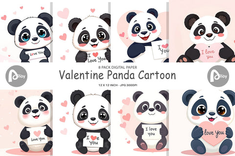 Digital paper Valentine Panda Cartoon Digital Pattern artnoy 