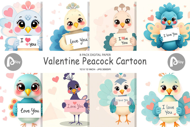 Digital paper Valentine Peacock Cartoon Digital Pattern artnoy 