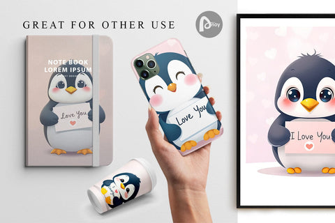 Digital paper Valentine Penguin Cartoon Digital Pattern artnoy 