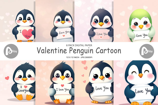 Digital paper Valentine Penguin Cartoon Digital Pattern artnoy 